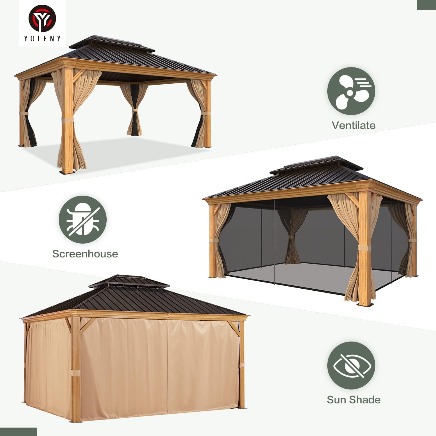 YOLENY 12' x 14' Hardtop Gazebo Wood Grain Aluminum Frame Gazebo, Outdoor Permanent Metal Pavilion with Netting and Curtains for Deck, Backyard, Patio, Lawns