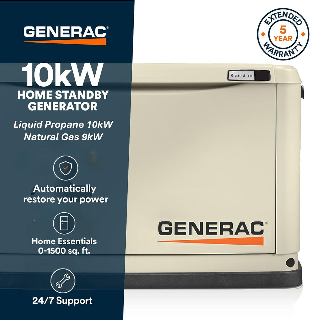 Generac Guardian 10kW Home Standby Generator - Automatic Whole House Backup Power for Storms, Emergencies, and Outages, WiFi Enabled, Runs on Natural Gas or Liquid Propane, Quiet Operation