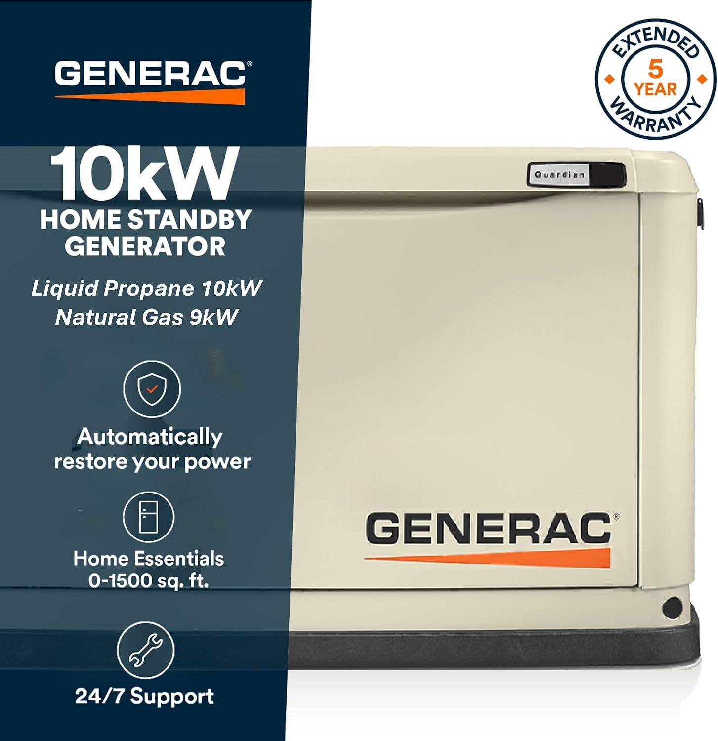 Generac Guardian 10kW Home Standby Generator - Automatic Whole House Backup Power for Storms, Emergencies, and Outages, WiFi Enabled, Runs on Natural Gas or Liquid Propane, Quiet Operation