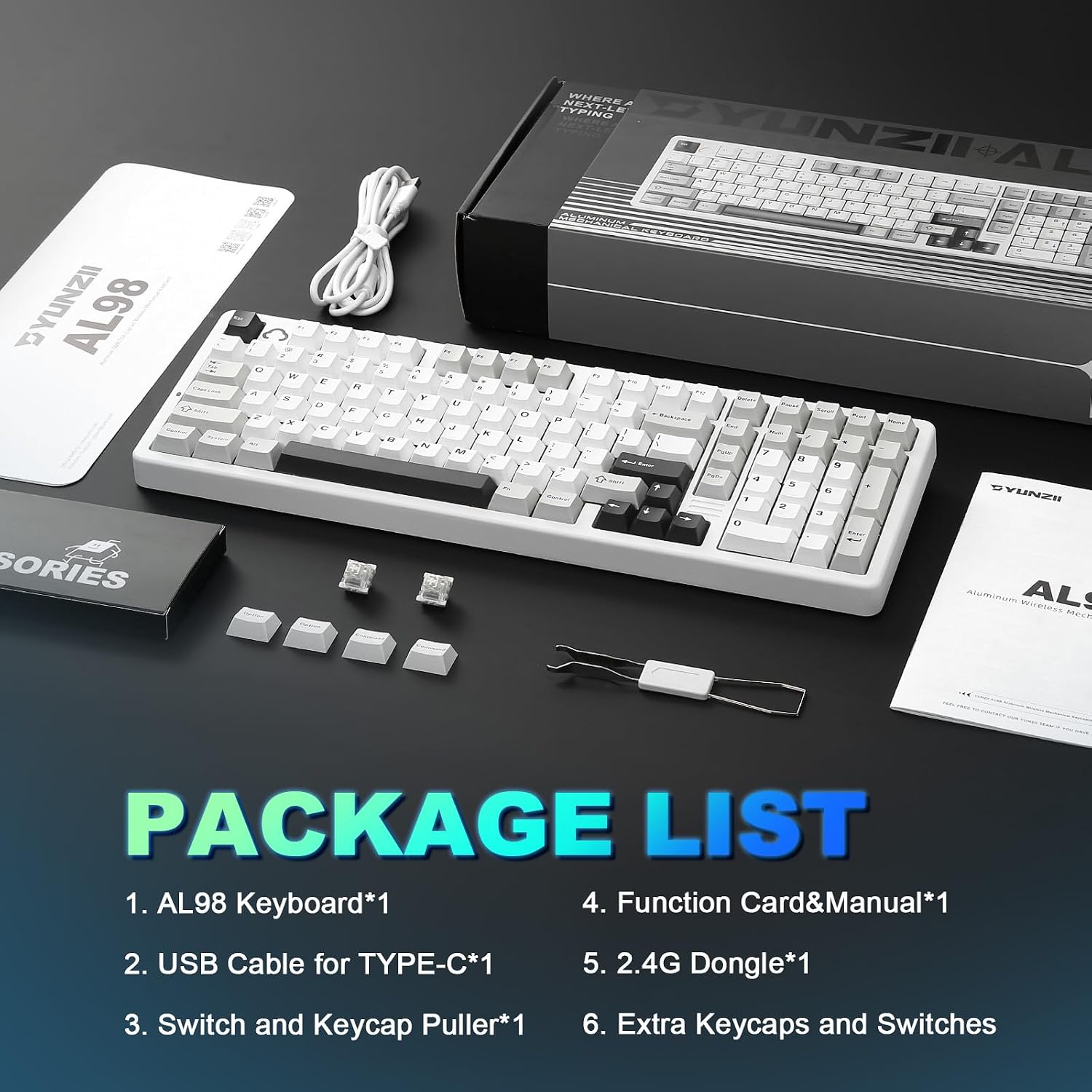 YUNZII AL98 QMK/VIA Wireless Mechanical Gaming Keyboard,Full Aluminum,BT/2.4G/USB-C, Pre-Lubed Hot Swappable Gasket Mount 1800 Layout,RGB Backlit for Win/Mac (White, Cocoa Cream V2 Switch)