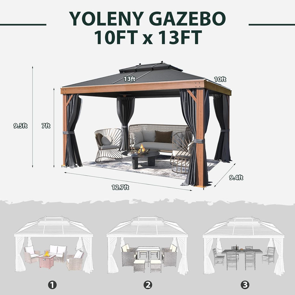 YOLENY 10' x 13' Hardtop Gazebo Faux Wood Grain with Aluminum Frame, Galvanized Steel Double Roof, Outdoor Patio Gazebo with Netting and Curtains for Backyard, Patio, Lawns