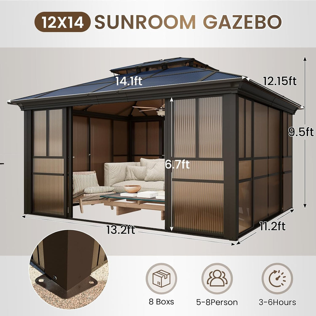 YOLENY 12x14 Sunroom Gazebo, Enclosed Outdoor Solarium with Tinted Polycarbonate Roof, 4 Lockable Sliding Doors & Aluminum Frame, Permanent Hardtop Patio Gazebo for Backyard