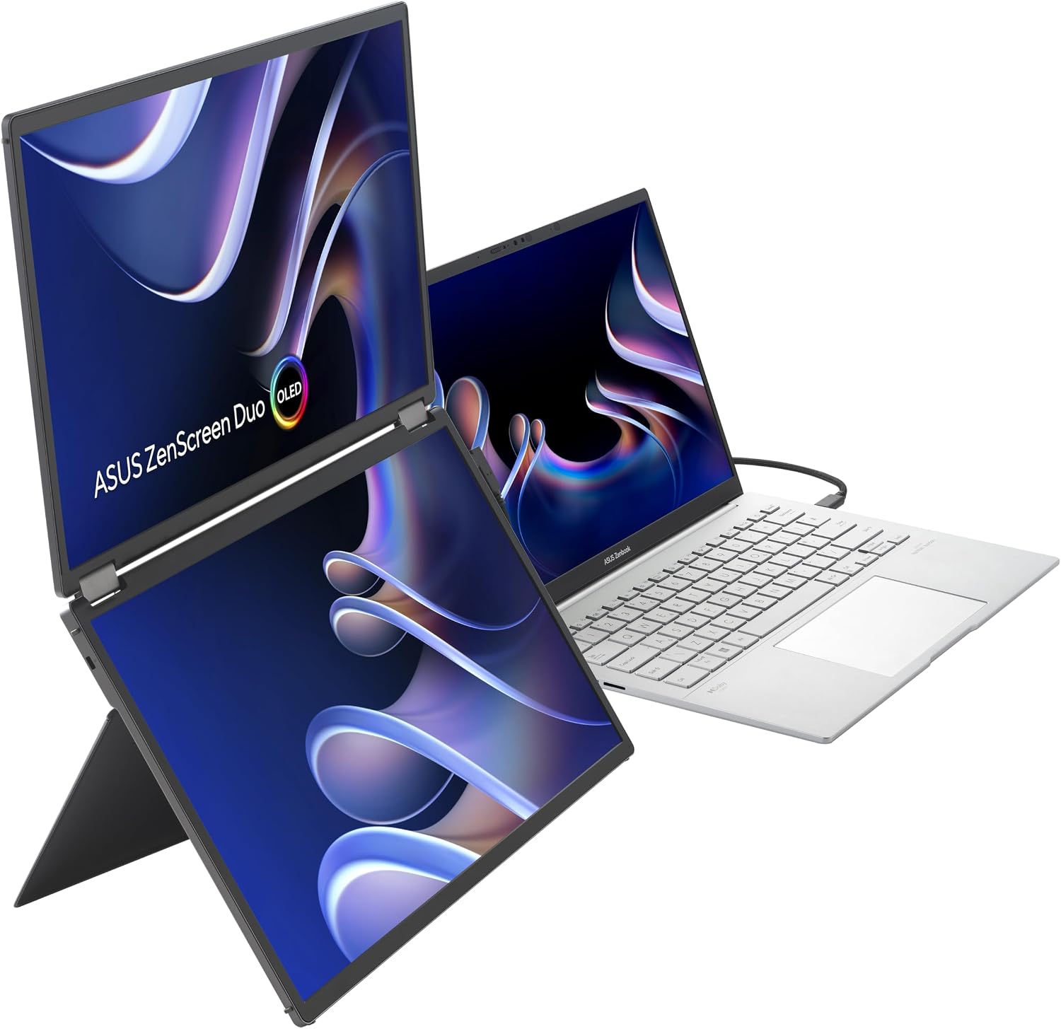 ASUS ZenScreen Duo OLED 360° Foldable Portable Monitor (MQ149CD) - Dual 14-inch, 16:10, 1920x1200, DisplayHDR400 True Black, 100% DCI-P3, Delta<2, Dual USB-C, Mini-HDMI, Kickstand, 3 yr Warranty