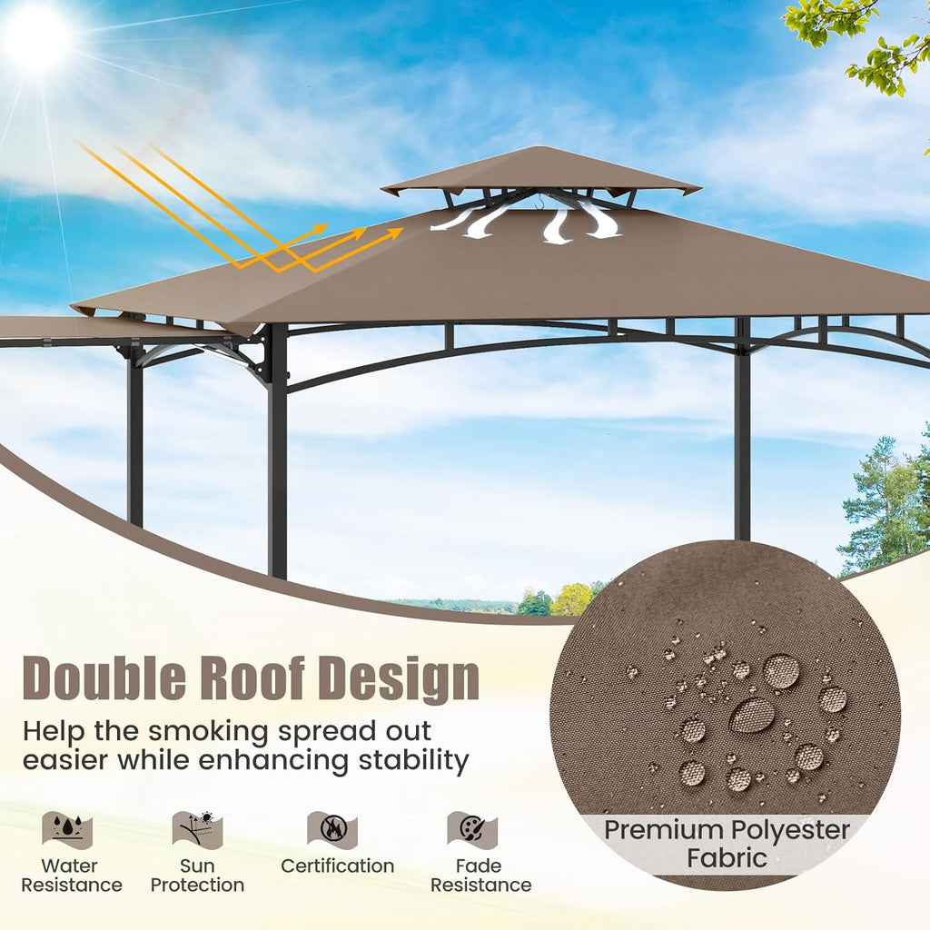 HAPPYGRILL Outdoor Grill Gazebo Canopy 11 x 5 FT, Barbecue Canopy with Double-Tiered Top, 2 Side Shelves, Hanging Hooks, Bottle Opener, Metal Frame, BBQ Grilling Shelter