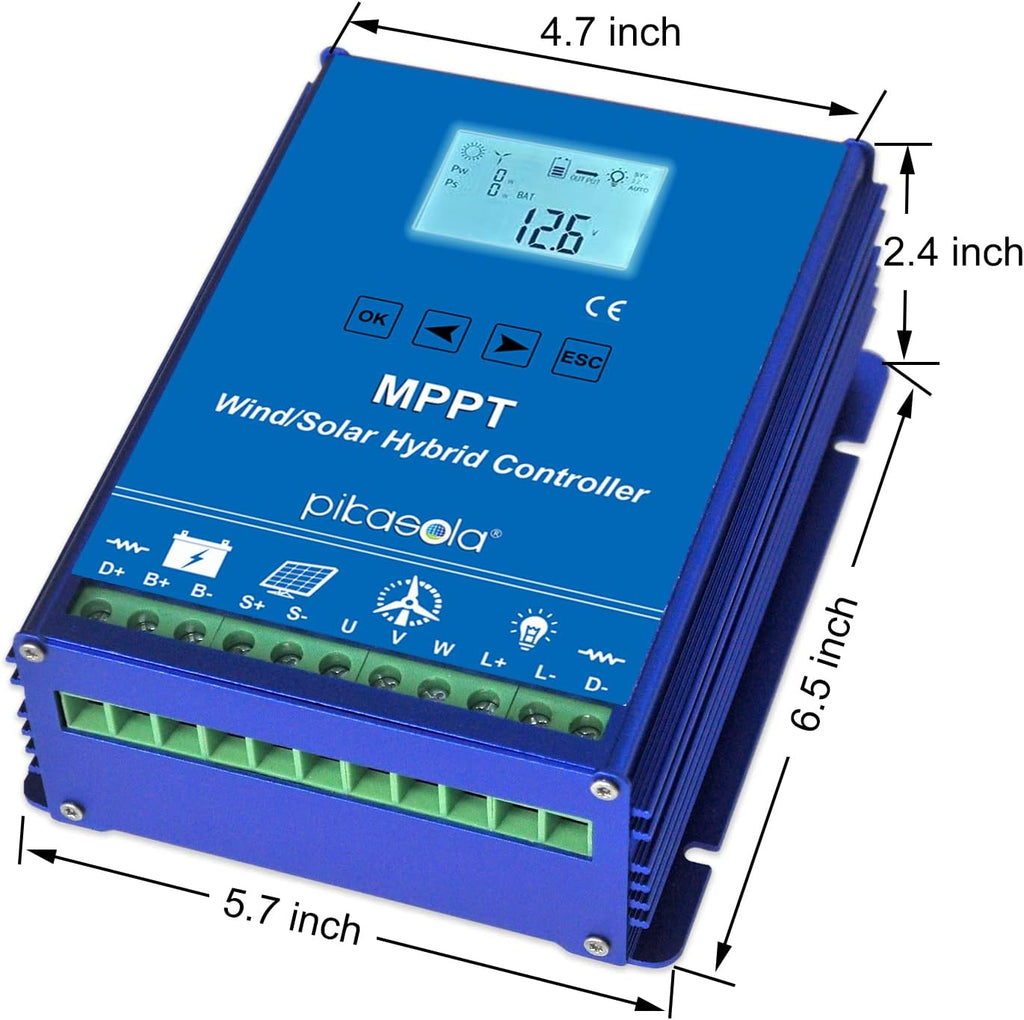 1400W Off Grid with Unloader Hybrid Wind Solar Controller Auto 12/24V Battery MPPT Charge Boost Float of max 800w Wind Turbine Generator 600w Solar Panel Home Street Light Controller