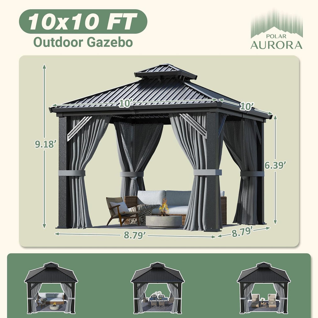 Polar Aurora 10'x10' Outdoor Gazebo Hardtop Grill Gazebo Aluminum Galvanized Steel Double Roof Outdoor Pergola Include Curtain and Netting for Backyard, Patio, Lawn