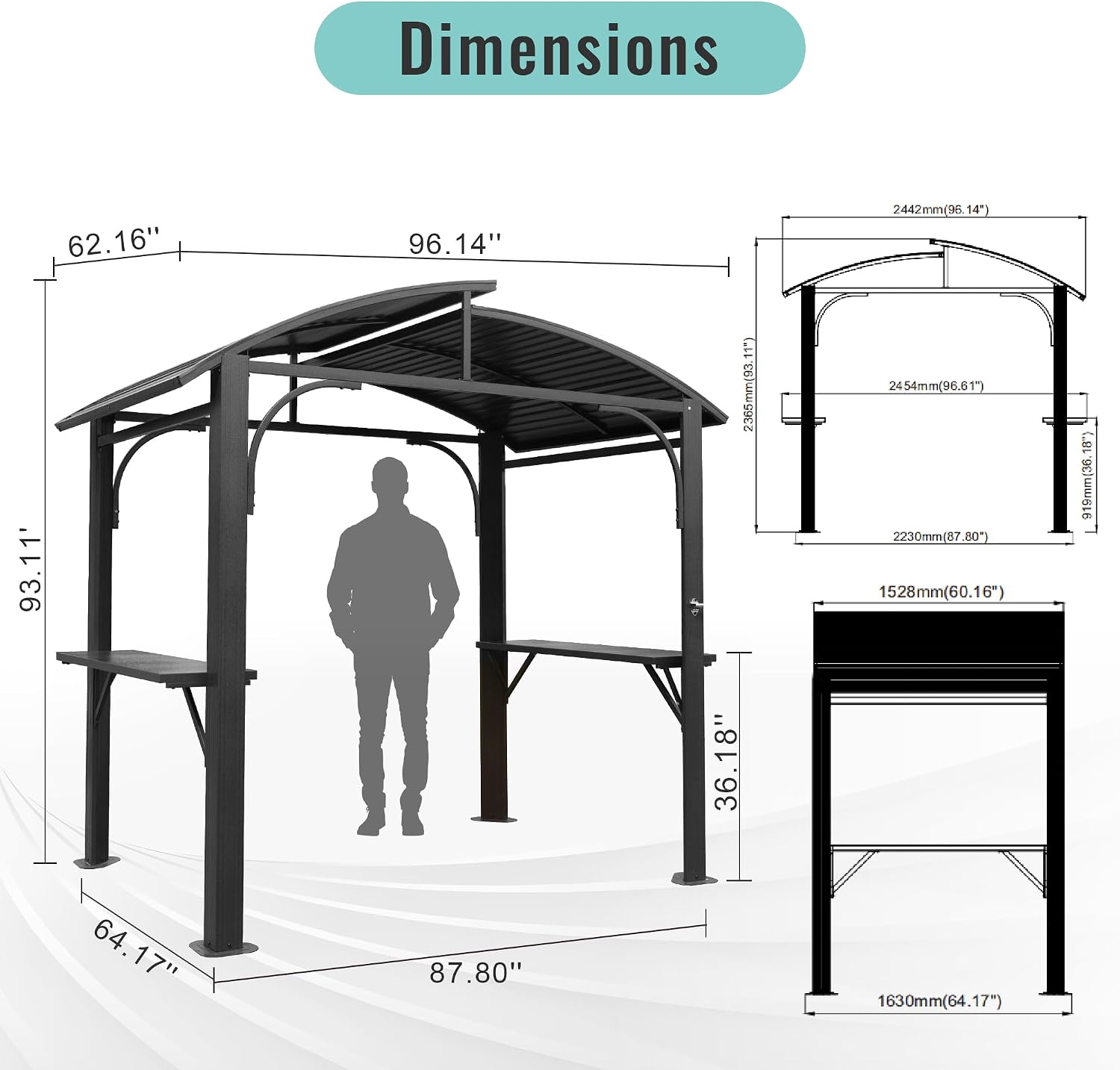 Domi 8x5FT Hardtop Grill Gazebo, Outdoor BBQ Gazebo with 2 Side Shelves and Bottle Opener, Outdoor Grill Canopy with Galvanized Steel Double Roof for Patio Lawn Backyard Deck, Grey