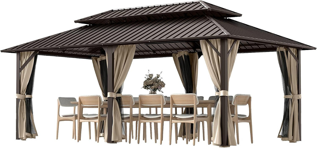 12' x 20' Hardtop Gazebo, Aluminum Frame with Double Galvanized Steel Roof,Permanent Outdoor Gazebo with Netting and Curtains for Backyard, Garden, or Deck, Brown