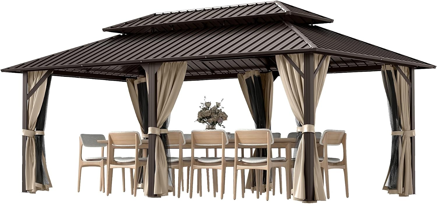 12' x 20' Hardtop Gazebo, Aluminum Frame with Double Galvanized Steel Roof,Permanent Outdoor Gazebo with Netting and Curtains for Backyard, Garden, or Deck, Brown