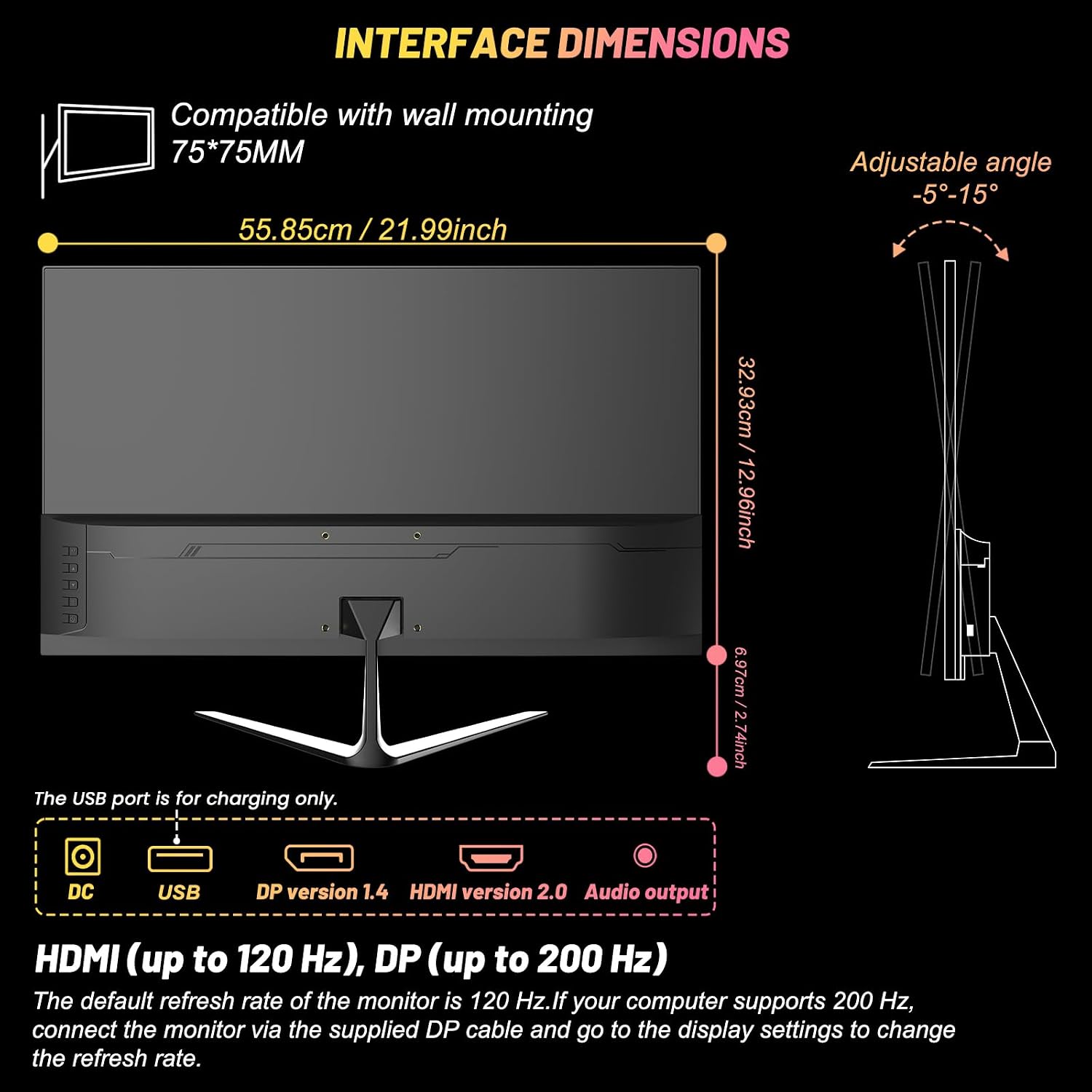 LXZ Gaming Monitor 24.5 inch, 200hz Monitor FHD 1080P Frameless IPS Display with Eye Care, DP/HDMI, Wall Mount Compatible - Black