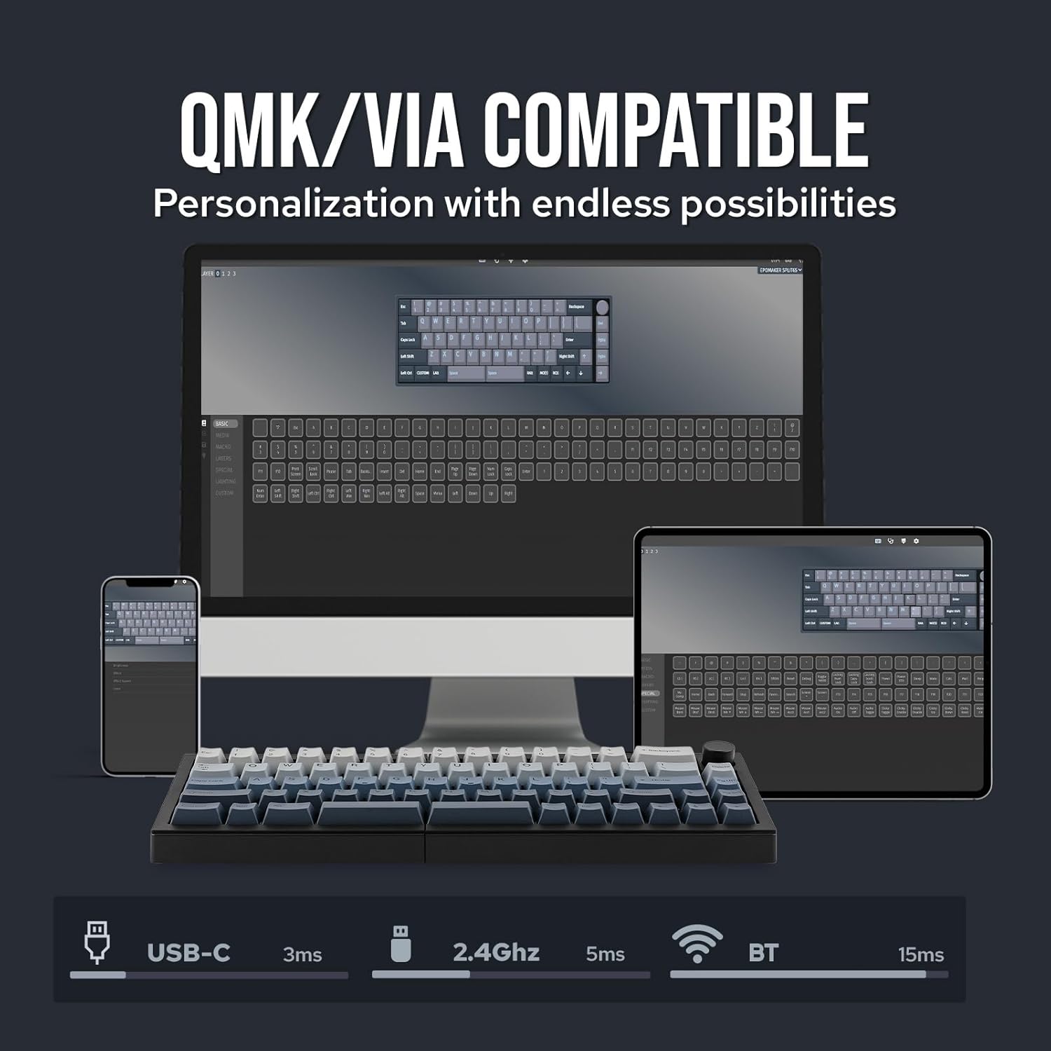 EPOMAKER Split65 QMK/VIA Programmable Keyboard, Wireless Mechanical Keyboard in 2.4Ghz/BT/Type-C, Ergonomic Gaming Keyboard in Split Layout with RGB Backlit (Wisteria Linear Switch)