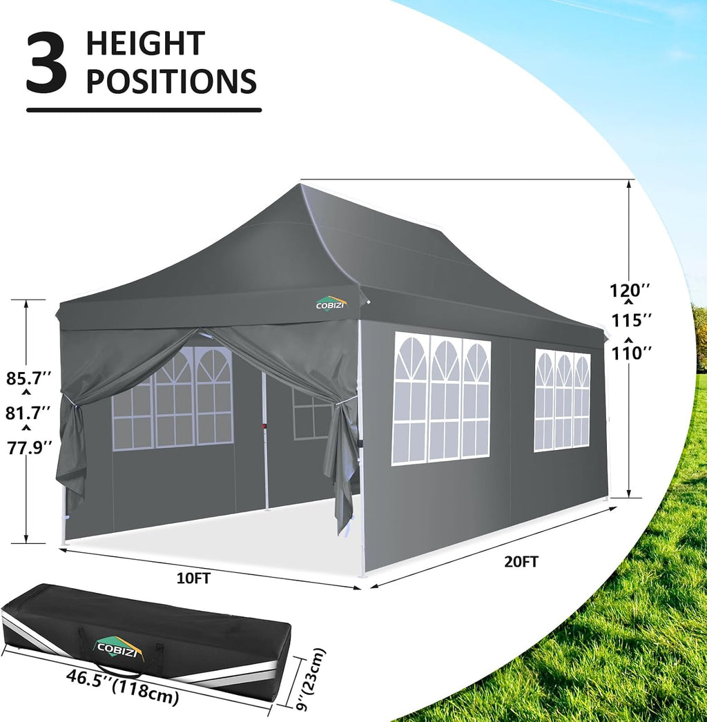 COBIZI 10x20 Pop Up Canopy with 6 Sidewalls, Conical Party Tent 10x20 with 3 Adjustable Height Waterproof, UV-Resistant with Carry Bag, Sandbag, Stake, Ropes for Parties, Commercial (Frame Upgraded)