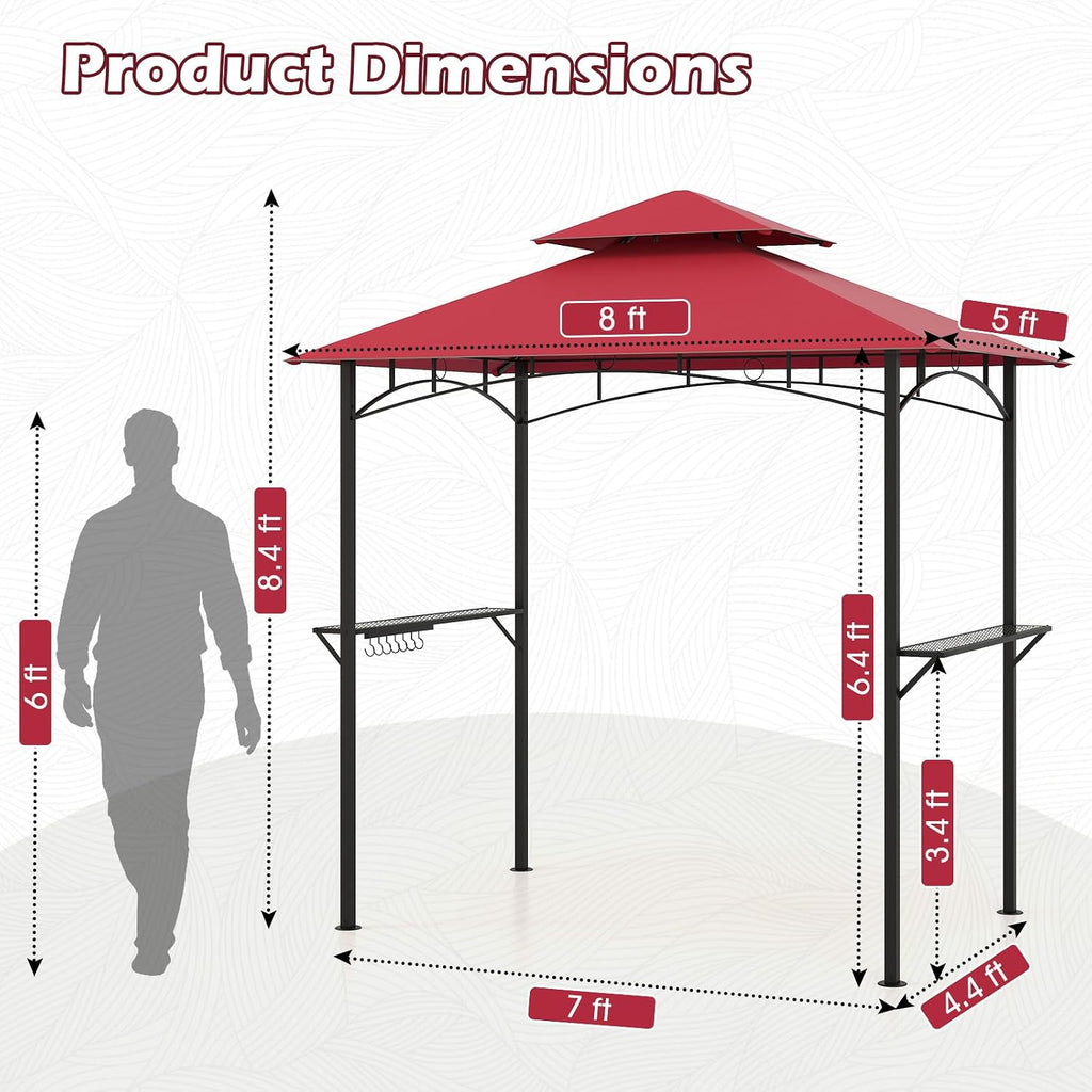Tangkula 8x5 Ft Grill Gazebo, 2-Tier Barbecue Gazebo with 2 Shelves, 7 Hooks, Metal Frame, Outdoor Grill Canopy for Backyard Garden Poolside (Wine)