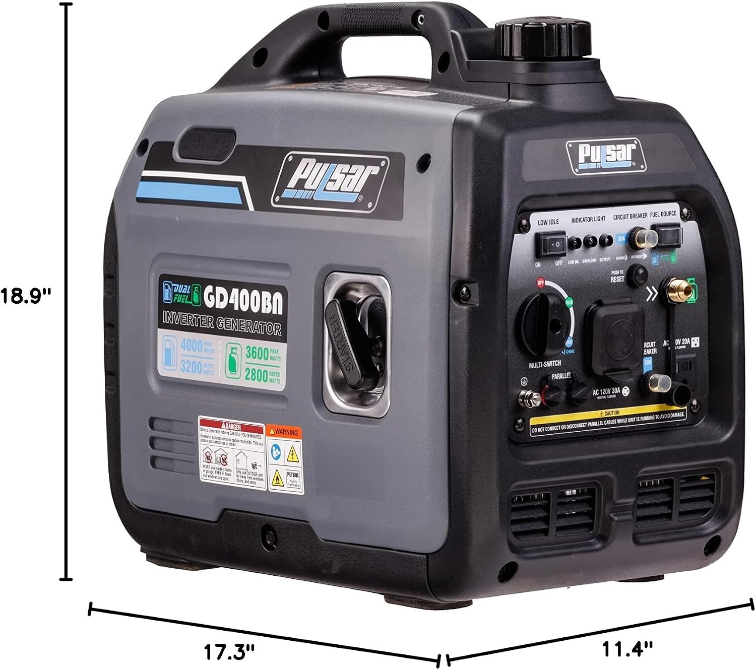 Pulsar Products GD400BN, 4000W Portable super-quiet Dual Fuel & Parallel Capability, RV-Ready, CARB Compliant