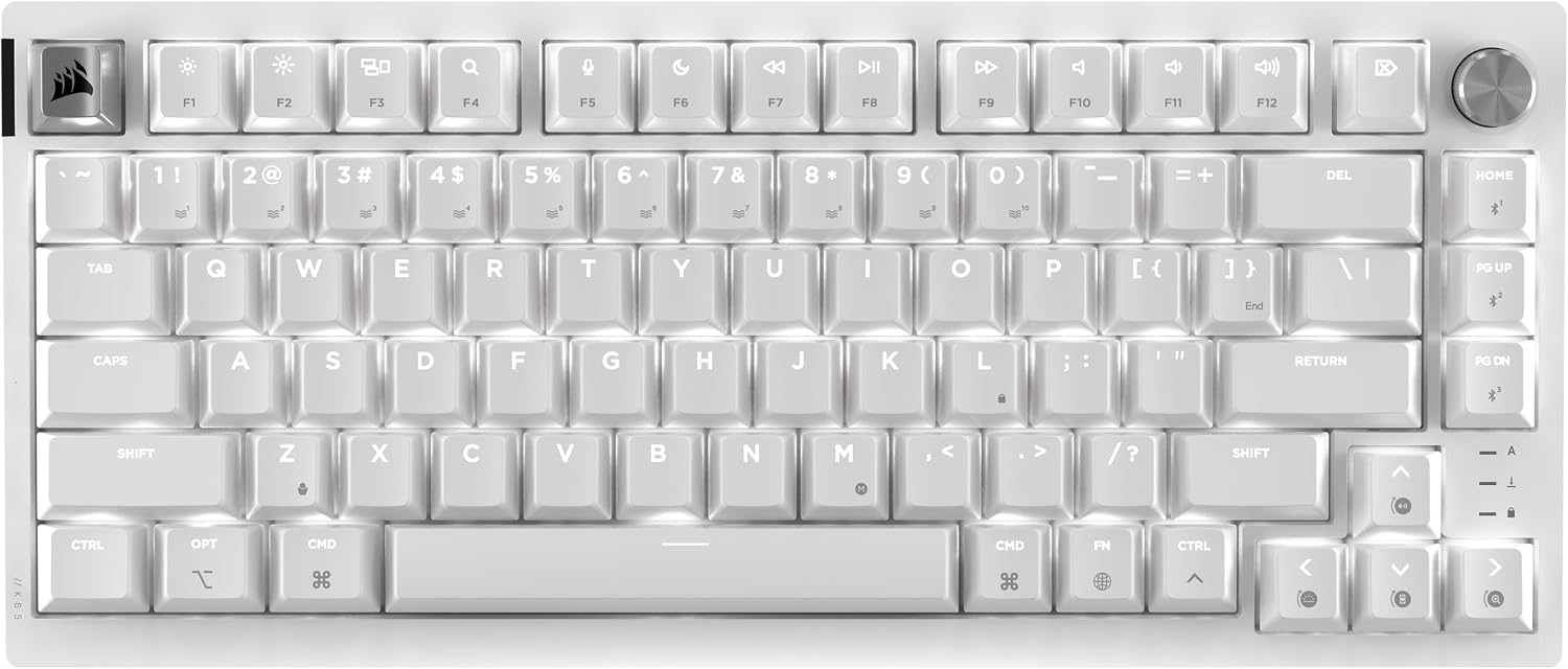Corsair K65 Plus Wireless 75% RGB Hot-Swappable Mechanical Gaming Keyboard for Mac and iPad – Pre-Lubricated MLX Red v2 Linear Switches, Sound Dampening – QWERTY NA Layout – Frost White