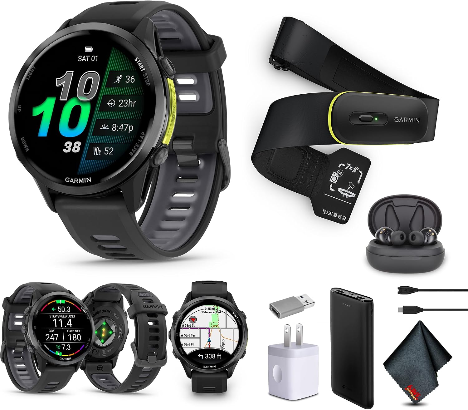 Garmin Forerunner 970 Running Smartwatch, GPS Fitness Smart Watch for Men and Women, Carbon Gray DLC Titanium with Black Case/Translucent Whitestone Band + Access 600 Fitness Monitor XS-S + More
