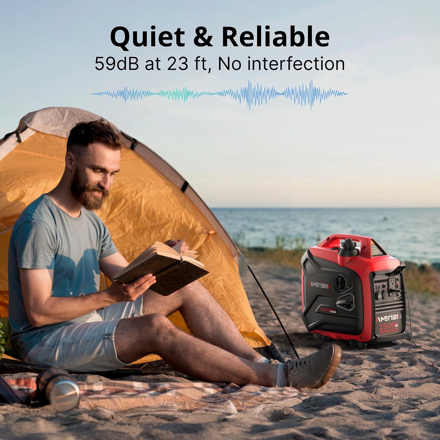 AMERISUN 2500W Portable Inverter Generator, Gas Powered Generator with CO Sensor, Super Quiet for Camping, Tailgating, Home Emergency Use, EPA Compliant