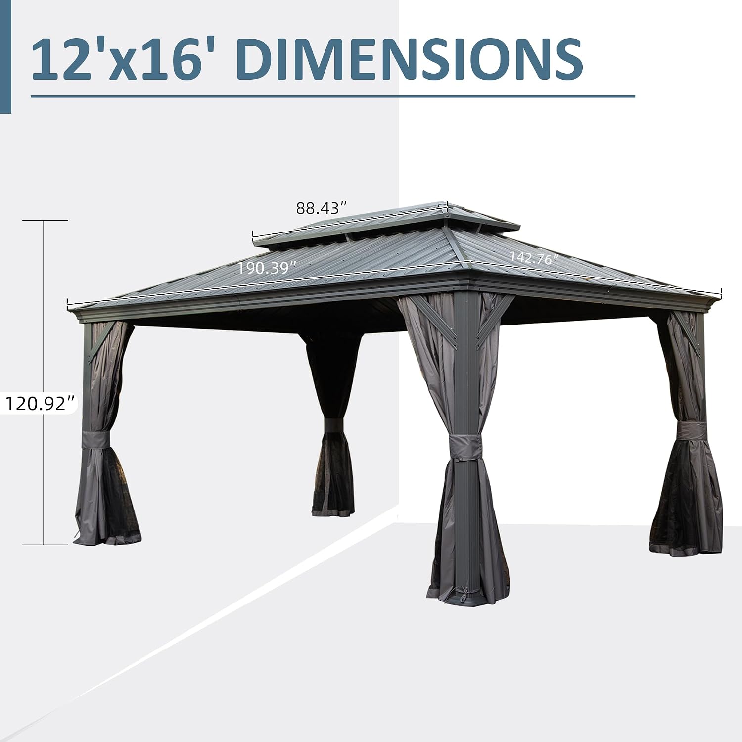 Domi 12' X 16' Hardtop Gazebo, Upgraded Metal Gazebo with Drainage System, Dual-Layer Galvanized Steel Roof, Curtain and Netting, Outdoor Shelter Canopy for Patio, Garden, and Backyard, Grey