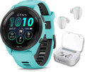 Garmin Forerunner 265 Music GPS Running 46 mm Smartwatch, Aqua with AMOLED 1.3 in Touchscreen Display White Earbuds Bundle, Aqua +Wht EarBuds