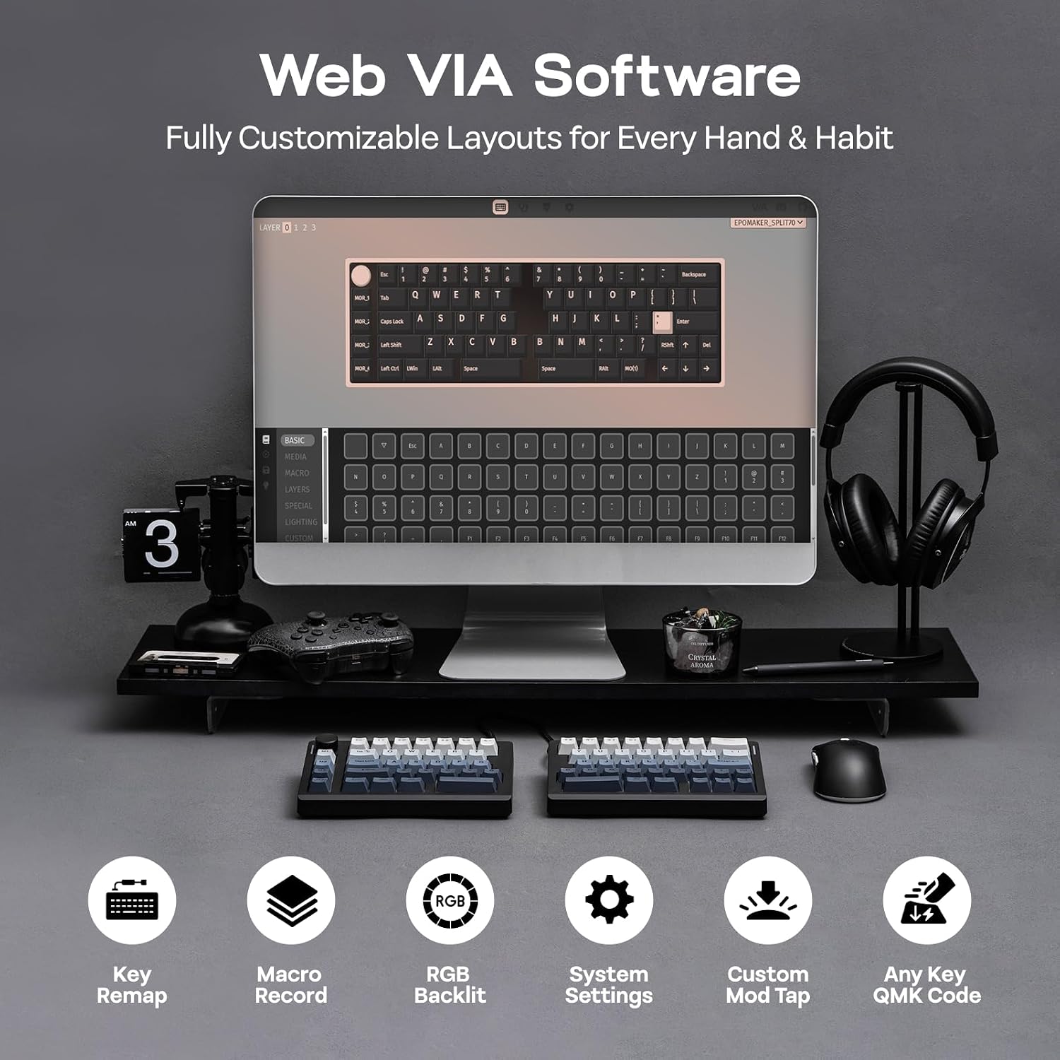 EPOMAKER Split70 Wireless Ergonomic Keyboard with QMK/VIA and Knob, Mechanical Gaming Keyboard with RGB, Hot-Swap, Creamy Linear Switch, PBT Keycap, Mac Modifier, Gasket, 70% Split Layout (Black)