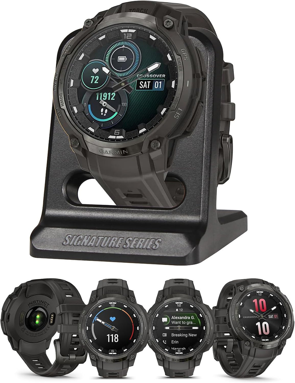 Garmin Instinct Crossover AMOLED, Rugged Hybrid GPS Smartwatch, Analog Watch Hands and Bright Display, Flashlight, Health Tracking | Charcoal, Signature Series Mission-Ready Power Dock