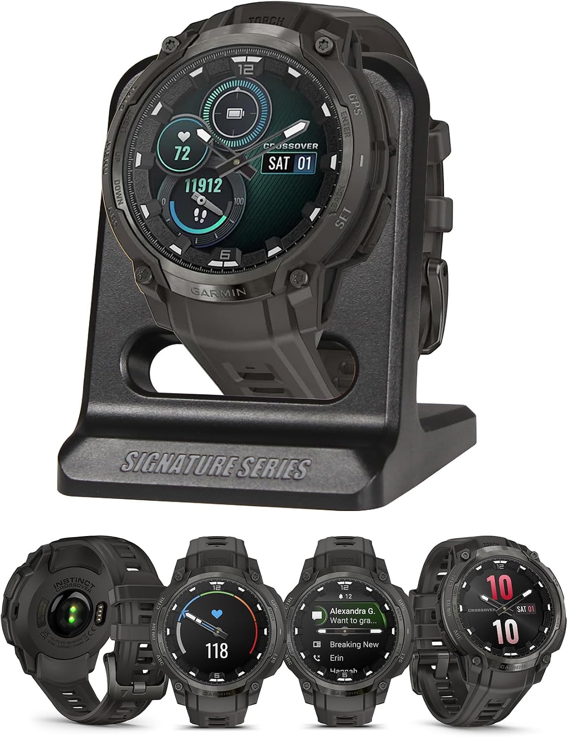 Garmin Instinct Crossover AMOLED, Rugged Hybrid GPS Smartwatch, Analog Watch Hands and Bright Display, Flashlight, Health Tracking | Charcoal, Signature Series Mission-Ready Power Dock