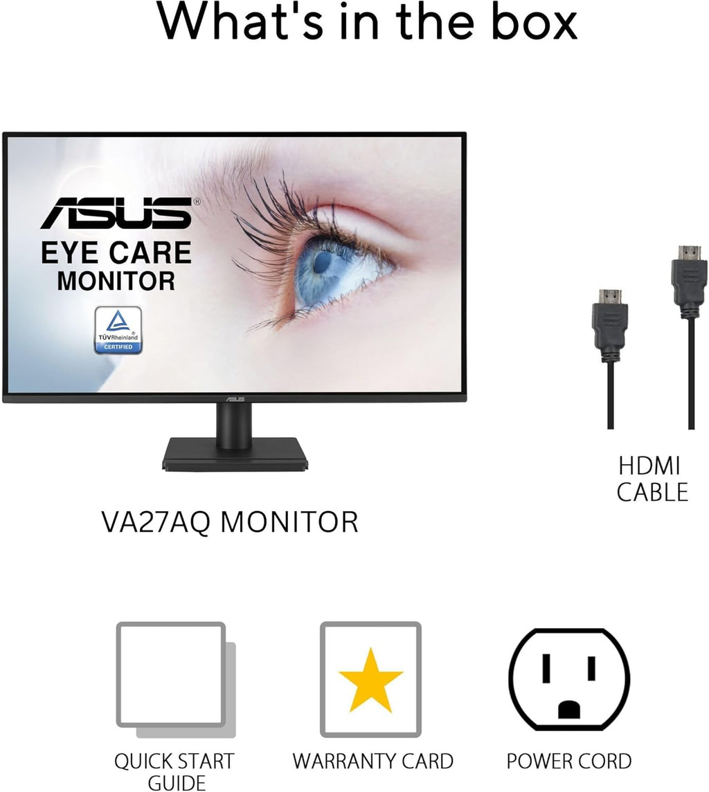 ASUS 27' 1440P Eye Care Monitor (VA27AQ) - IPS, QHD (2560 x 1440), 99% sRGB, Frameless, HDMI, DisplayPort, VGA, 1ms, Speakers, Low Blue Light, Flicker Free, VESA Wall Mountable, 3 yr Warranty