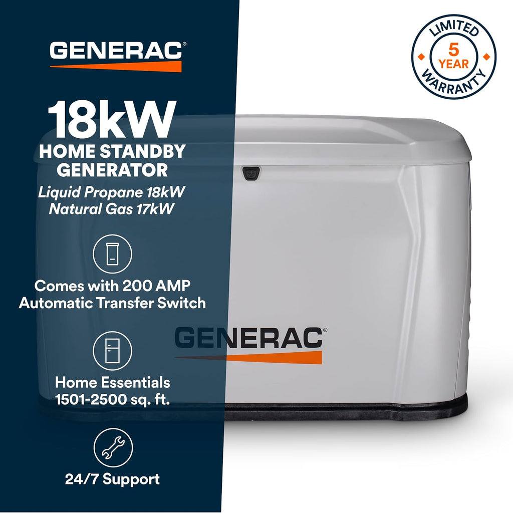 Generac 18kW Home Standby Generator for home use with 200 amp transfer switch, built-in cellular connectivity, whole house generator for power backup