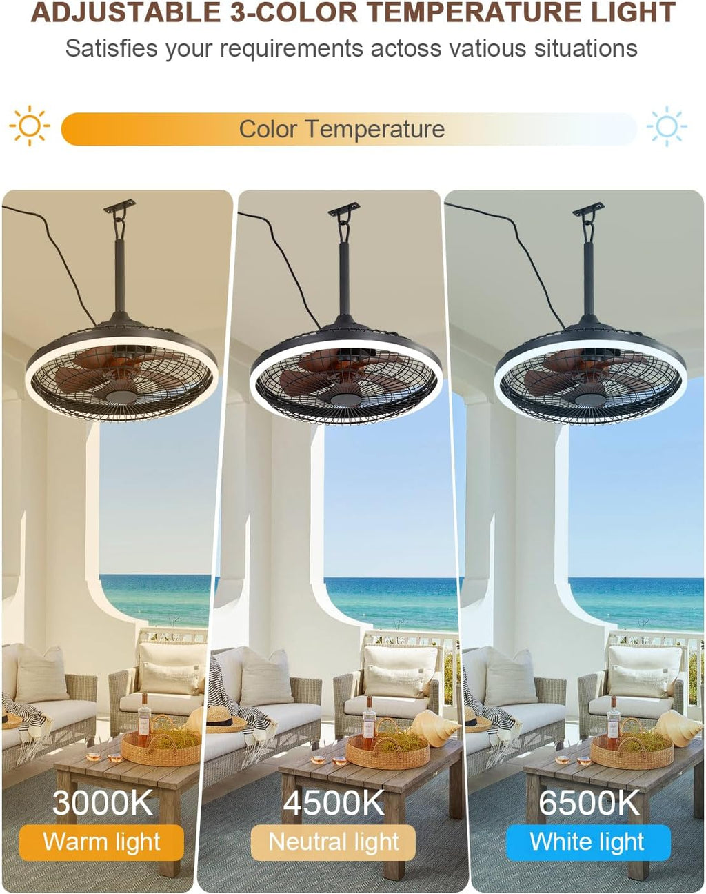 Bella Depot 20' Outdoor Ceiling Fan Black Waterproof Gazebo Fan with Dimmable Light Smart App Remote Control Hanging Fan for Outside Patios Pergola Tent Plug-in Design (20'- Minimalist Black)