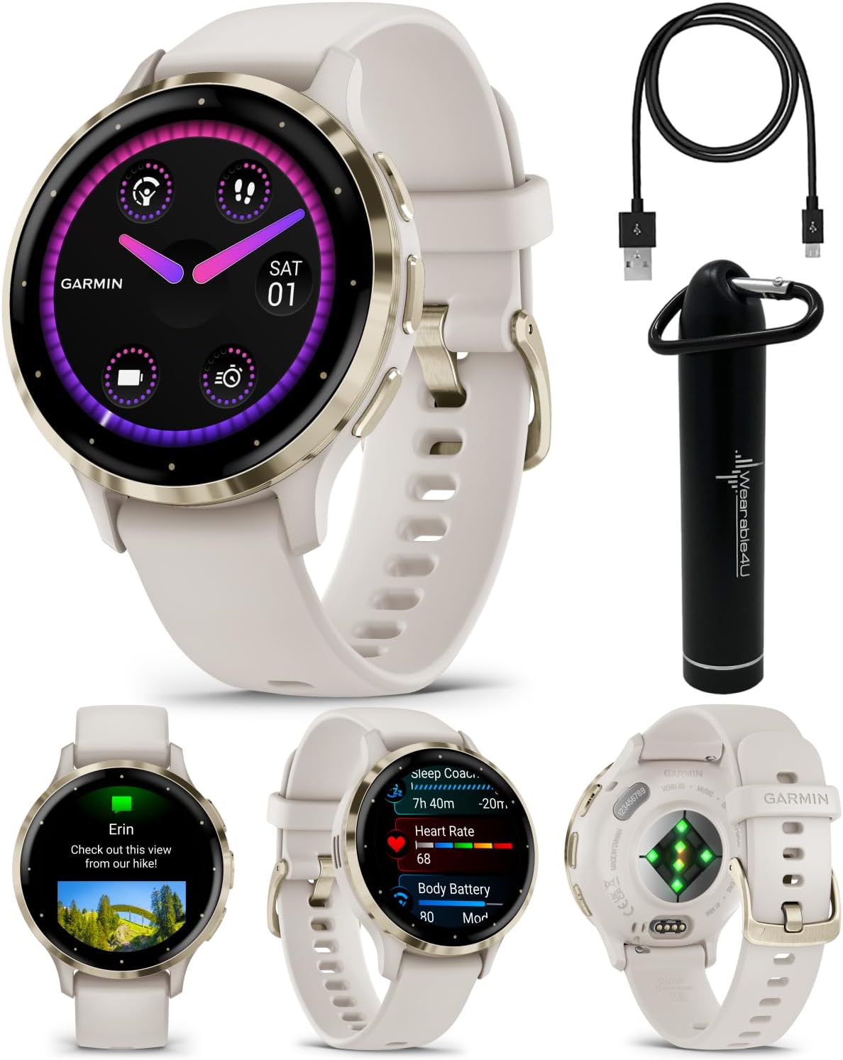 Garmin Venu 3S GPS Smartwatch, AMOLED Display 41 mm Watch, Advanced Health and Fitness Features, Up to 10 Days of Battery, Wheelchair Mode, Sleep Coach, Ivory Case Power Bank Bundle