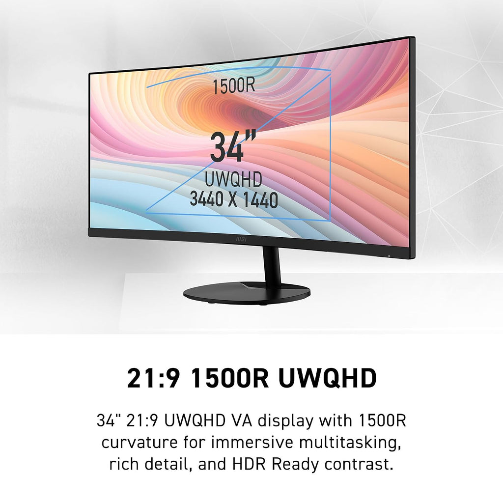 msi PRO MP341CQ E12 34-inch VA 3440 x 1440(UWQHD) Computer Monitor, 120Hz, Adaptive-Sync, HDMI, DisplayPort, VESA Mountable, Speaker, 1ms, Black