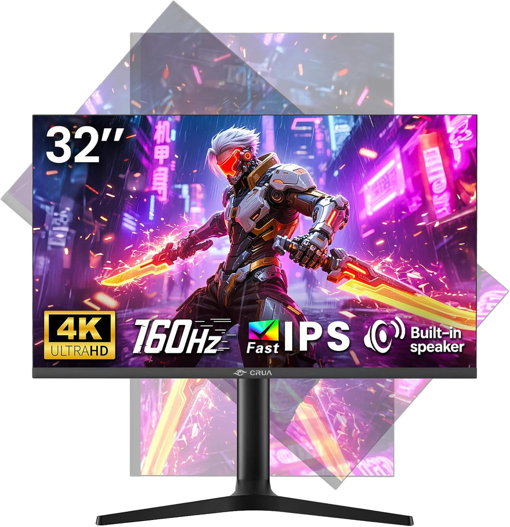 CRUA 32'' 4K Gaming Monitor 160Hz, UHD 3840x2160 IPS Screen, Height/Pivot/Swivel/Tilt Adjustable Vertical Monitor, Support FreeSync, Built-in Speakers, 120% sRGB, PIP/PBP, HDMI 2.0 & DP 1.4-Black