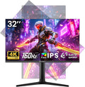 CRUA 32'' 4K Gaming Monitor 160Hz, UHD 3840x2160 IPS Screen, Height/Pivot/Swivel/Tilt Adjustable Vertical Monitor, Support FreeSync, Built-in Speakers, 120% sRGB, PIP/PBP, HDMI 2.0 & DP 1.4-Black