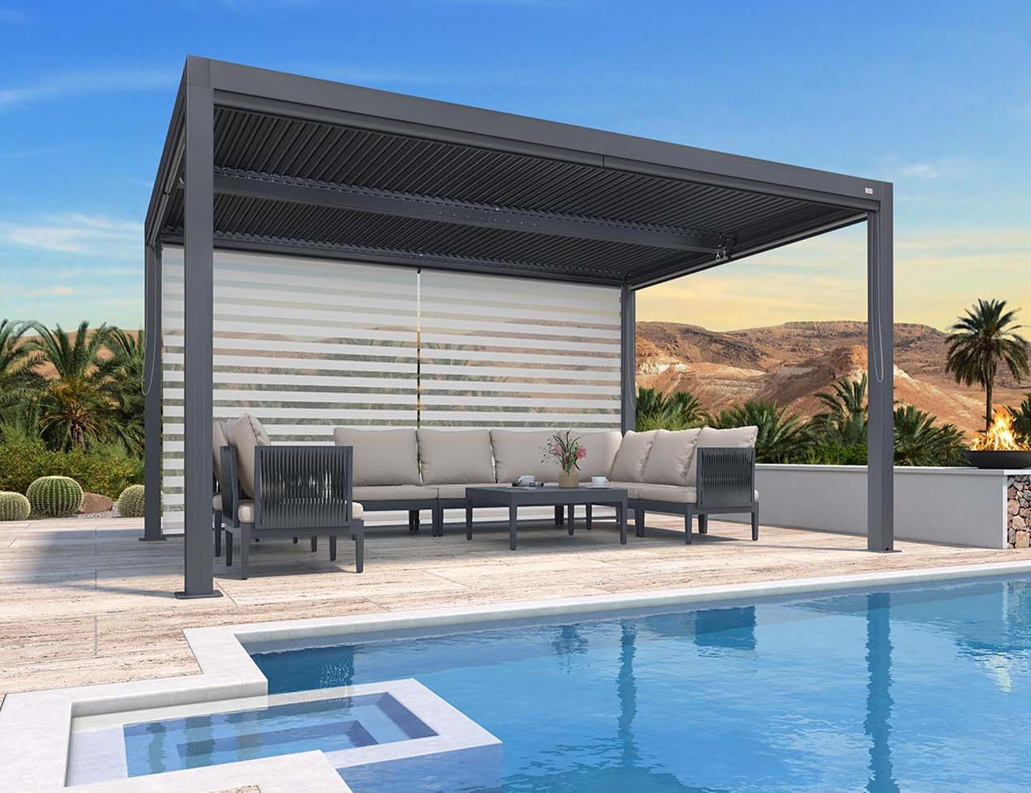 PURPLE LEAF Louvered Pergola 94AS 10' x 14' Outdoor Aluminum Pergola with Shade Screen Adjustable Roof for Deck Backyard Grey Hardtop Gazebo, 1 Long Side