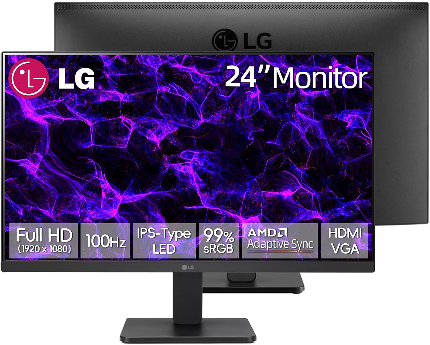 LG 24 inch FHD IPS Monitor, 100Hz, AMD FreeSync, 99% sRGB, Black Stabilizer & Flicker Safe, Anti-Glare, 3-Side Borderless Display, OnScreen Control, VESA Mountable, HDMI & VGA, Tilt Adjustable, Black