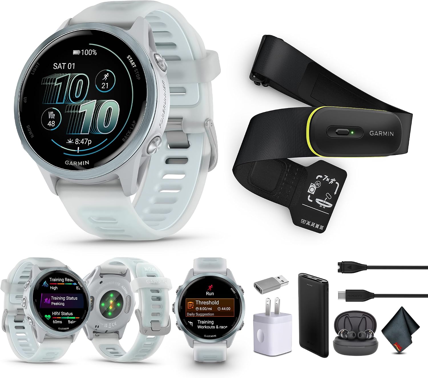 Garmin Forerunner 570 Running Smartwatch, 42MM WiFi, GPS Fitness Watch for Men and Women, Cloud Blue Aluminum with Translucent Whitestone/Cloud Blue Band + Access 600 Fitness Monitor, M-XL + More