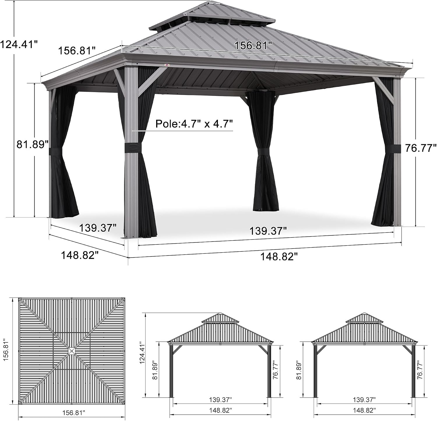 PURPLE LEAF 13' x 13' Hardtop Aluminum Gazebo with Double Metal Roof Heavy Duty Permanent Gazebo for Patio Deck Lawn Garden All Weather Outdoor Pavilion Gazebos, Light Grey