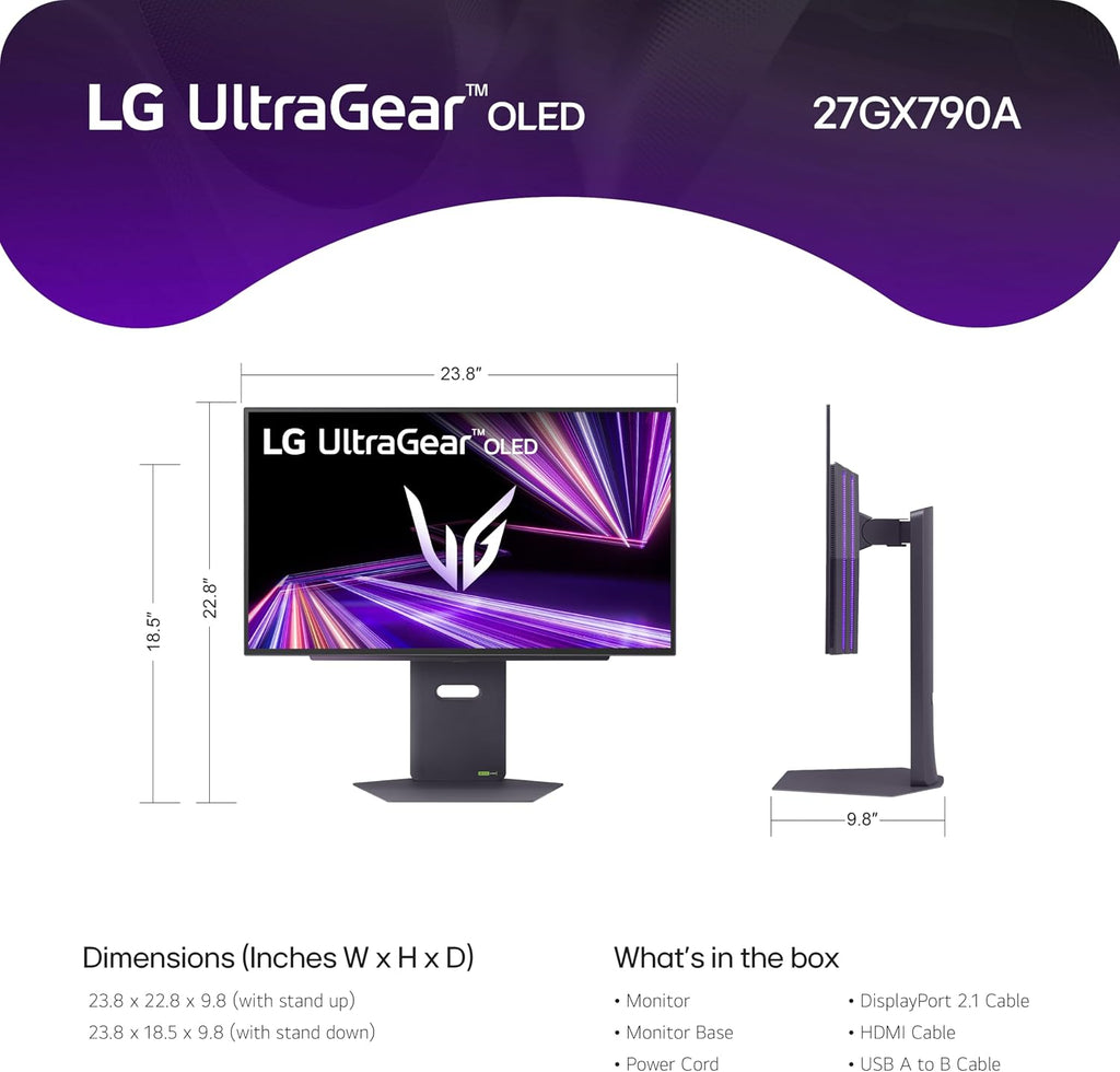 LG 27GX790A-B 27-inch Ultragear OLED Gaming Monitor QHD 1440p 480Hz, 0.03ms, DisplayPort 2.1, True Black 400, NVIDIA G-Sync, AMD FreeSync Premium Pro, HDMI, USB, Tilt/Height/Swivel/Pivot Stand, Black