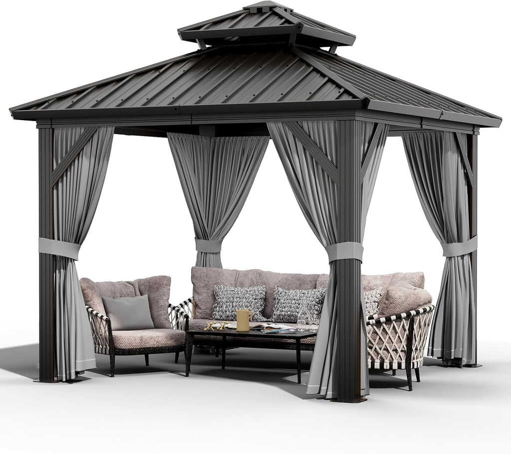 GarveeLife 10x10 ft Double Roof Hardtop Gazebo, Heavy Duty Galvanised Steel Hardtop Pavilion with Nettings and Curtains, Aluminum Gazebo for Patio, Terrace, Lawn and Deck, Grey