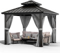 GarveeLife 10x10 ft Double Roof Hardtop Gazebo, Heavy Duty Galvanised Steel Hardtop Pavilion with Nettings and Curtains, Aluminum Gazebo for Patio, Terrace, Lawn and Deck, Grey