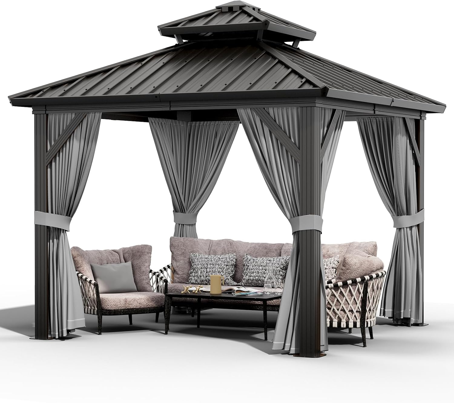 GarveeLife 10x10 ft Double Roof Hardtop Gazebo, Heavy Duty Galvanised Steel Hardtop Pavilion with Nettings and Curtains, Aluminum Gazebo for Patio, Terrace, Lawn and Deck, Grey