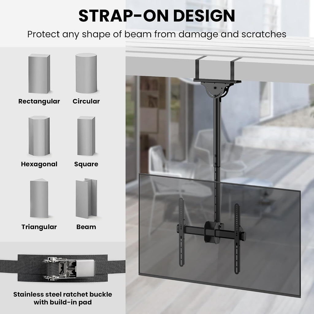 ZeboZap ZZTVC2144 Full Motion Outdoor Ceiling TV Mount Height Adjustable Hanging Mount for Patio Gazebo or Pergola Fits 32 to 55 Inch TVs with Tilt Swivel Flip Down Holds Up to 110 Pounds