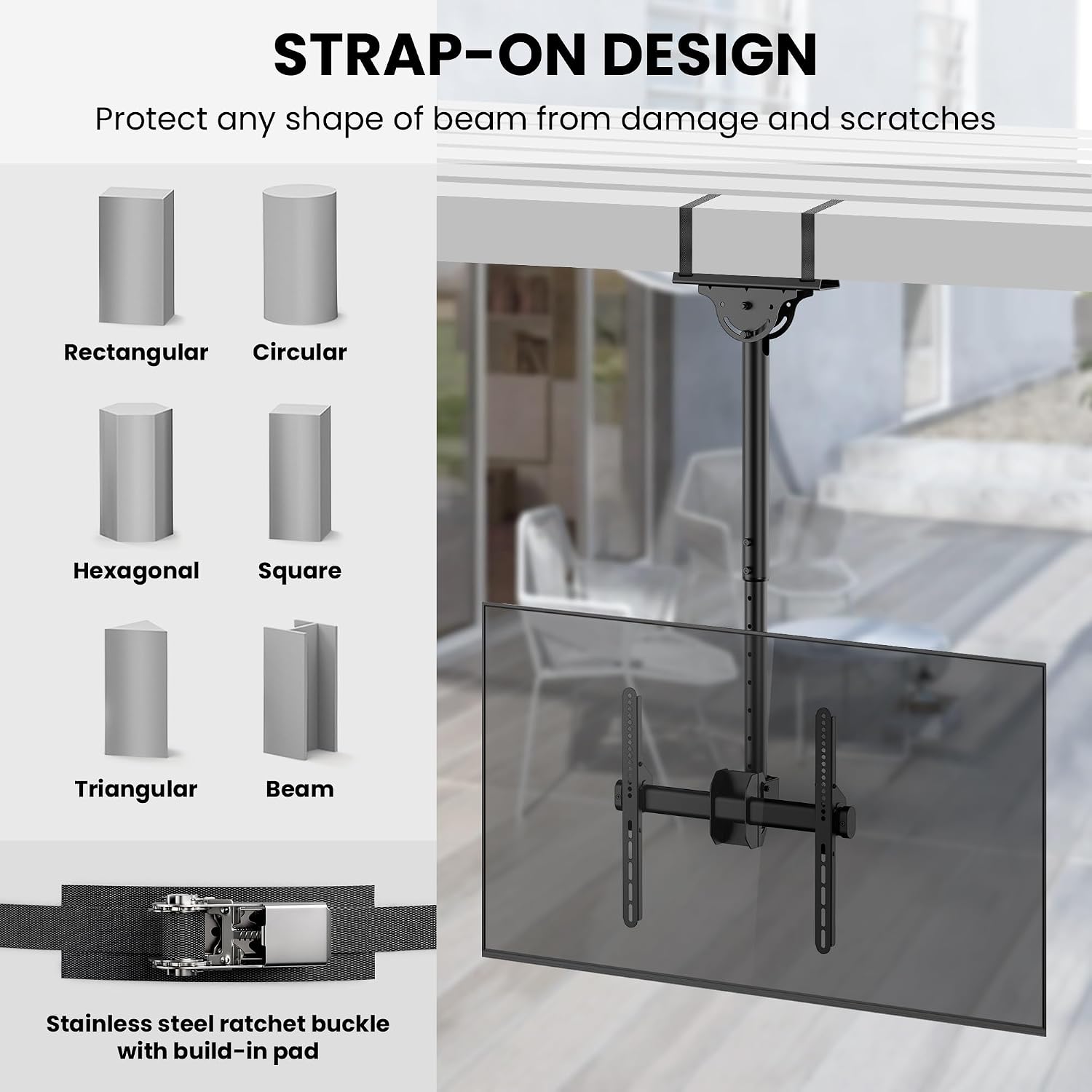ZeboZap ZZTVC2144 Full Motion Outdoor Ceiling TV Mount Height Adjustable Hanging Mount for Patio Gazebo or Pergola Fits 32 to 55 Inch TVs with Tilt Swivel Flip Down Holds Up to 110 Pounds