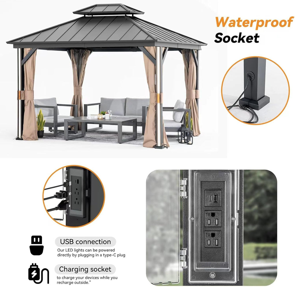 Modern Shade Hardtop Gazebo 10' x 12' with 4 LED Lights, Outdoor Gazebo with Galvanized Steel Double Roof，Four Seasons Pavilion with USB Charging Port Deck, Netting and Curtains for Patios