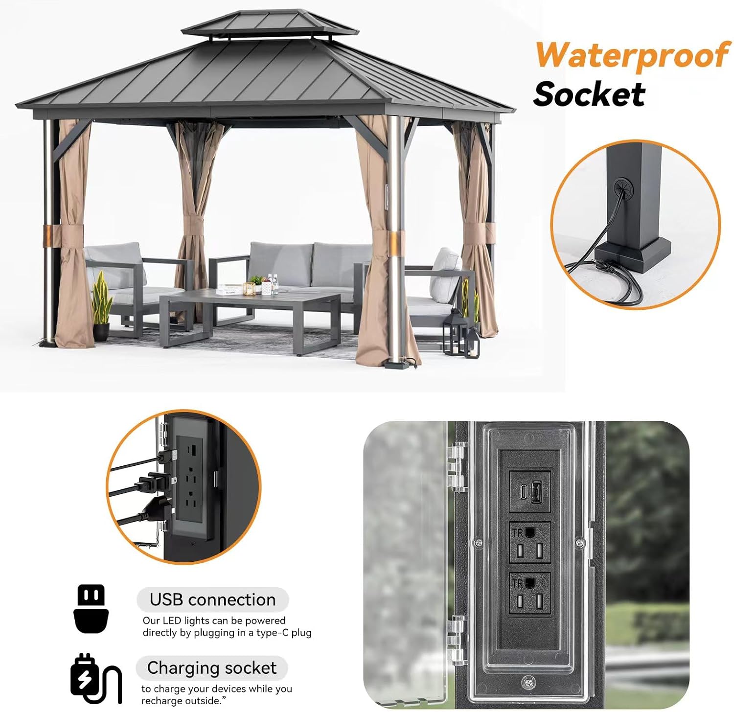 Modern Shade Hardtop Gazebo 10' x 12' with 4 LED Lights, Outdoor Gazebo with Galvanized Steel Double Roof，Four Seasons Pavilion with USB Charging Port Deck, Netting and Curtains for Patios