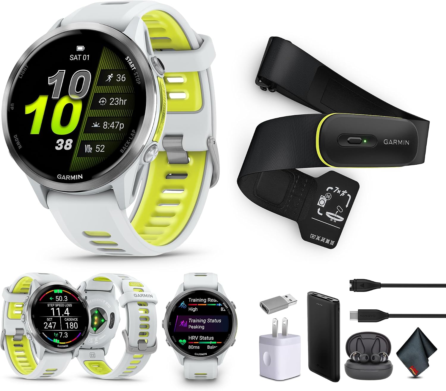 Garmin Forerunner 970 Running Smartwatch, GPS Fitness Watch for Men and Women, Titanium with Whitestone Case and Whitestone/Translucent Amp Yellow Band + Access 600 Fitness Monitor, M-XL + More