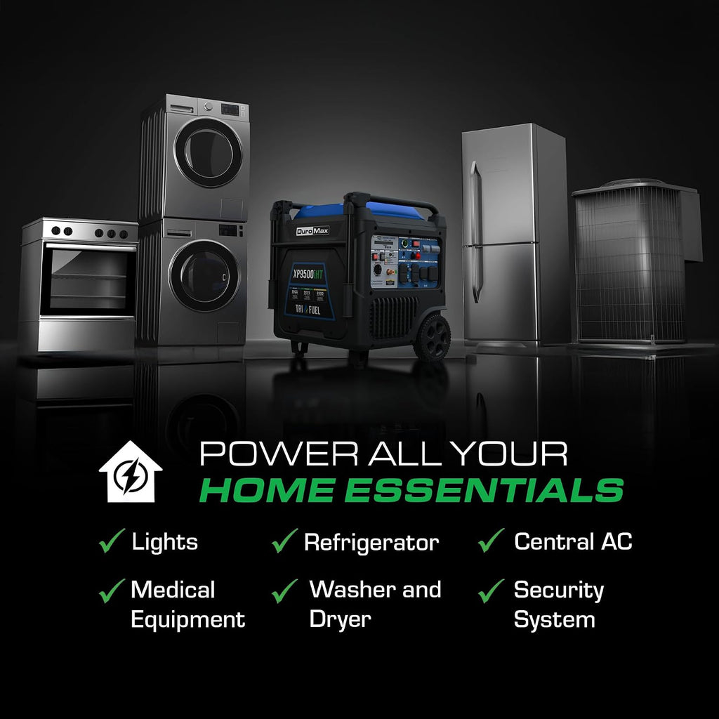 DuroMax XP9500iHT 9,500-Watt Tri Fuel Portable Digital Inverter Generator - Gas, Propane & Natural Gas, Remote Electric Start, Whole Home Power Backup, Transfer Switch Ready, RV & Emergency Ready