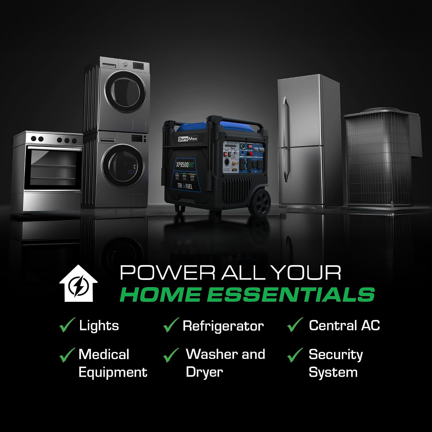 DuroMax XP9500iHT 9,500-Watt Tri Fuel Portable Digital Inverter Generator - Gas, Propane & Natural Gas, Remote Electric Start, Whole Home Power Backup, Transfer Switch Ready, RV & Emergency Ready