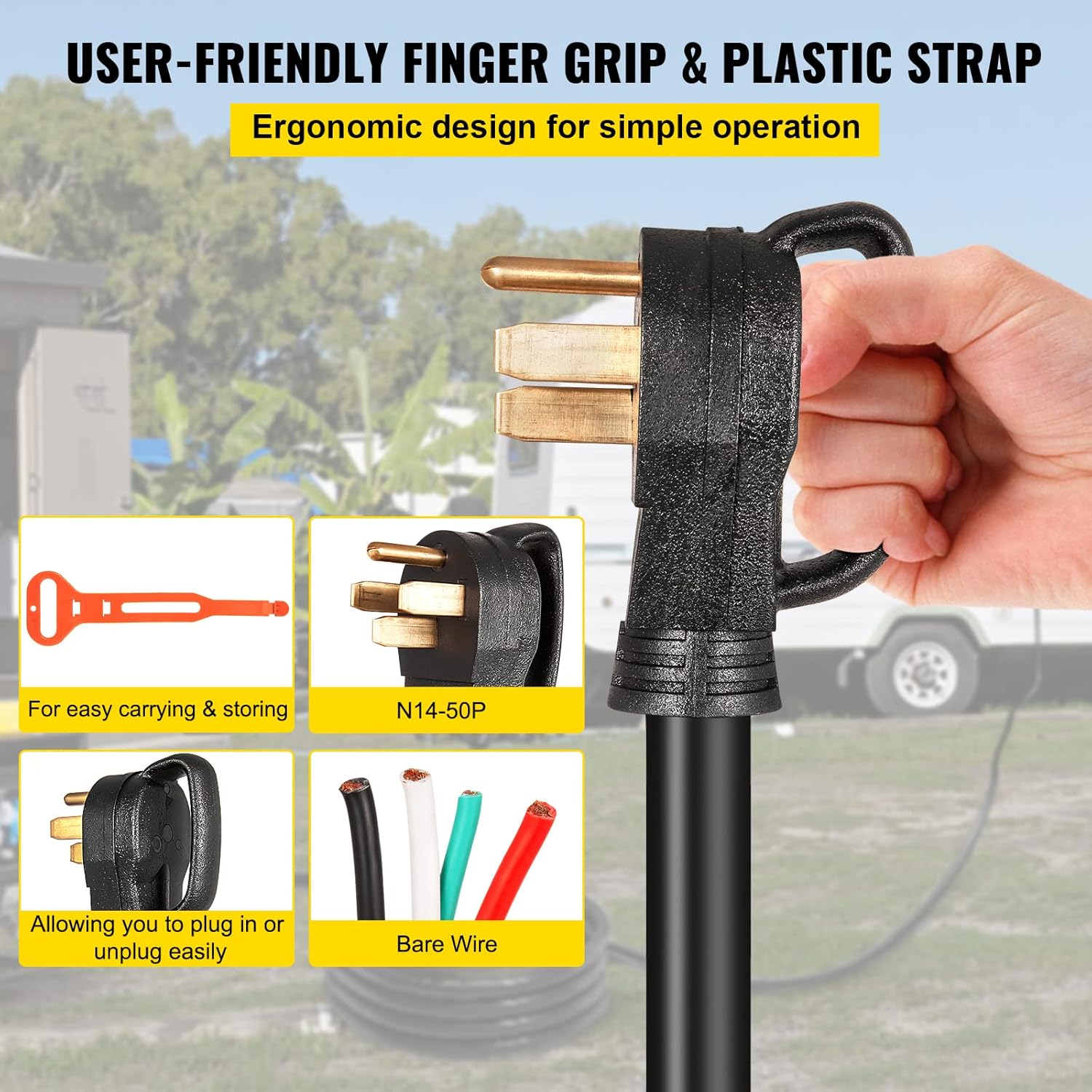 VEVOR 50FT 50 Amp Generator Cord, 6/3+8/1 AWG Pure Copper STW Cable 125V/250V 12500W, NEMA 14-50P to Bare Wire Open End for Transfer Switch Inlet Box Hardwire, ETL Listed