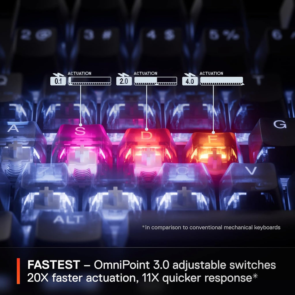 SteelSeries Apex Pro Gen 3 OmniPoint 3.0 HyperMagnetic Switches Adjustable Actuation Rapid Trigger Game-Ready Presets Protection Mode Rapid Tap/SOCD OLED RGB PBT Keycaps USB-C (Renewed)